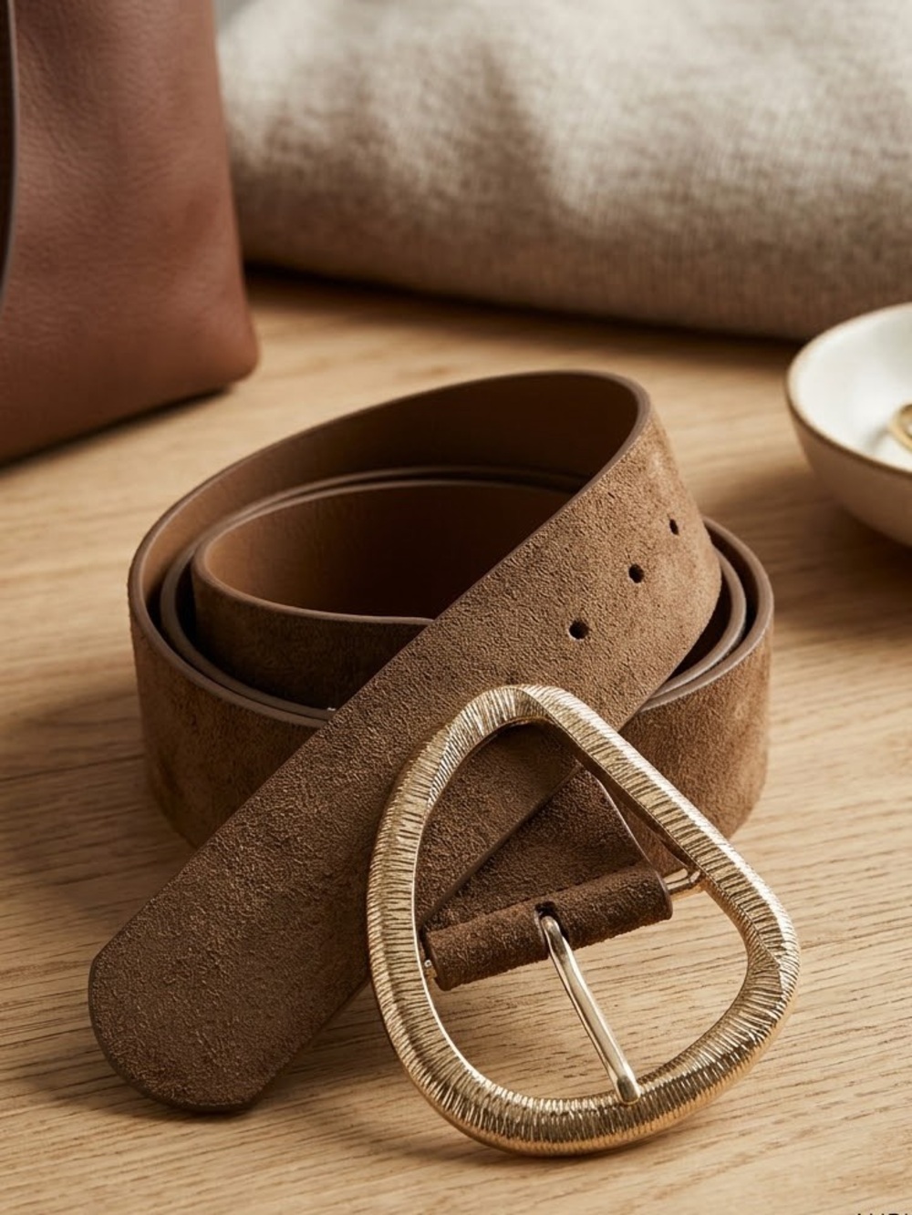 A486. Faux Brown Suede Leather Belt with Gold-Tone Buckle